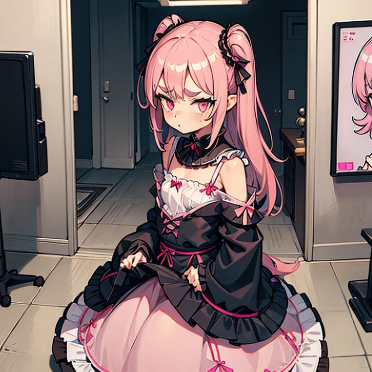 Girls with pink hair, long double-tailed hairstyle, ((small pink bushy eyebrows)), dressed in lolita clothes, marked vagina, lolicon (Zankuro) drawing style by zankuro artist, Zancro style, image uploaded to R34, changing of clothes in a room, hidden camera recording her, security camera filter recording her