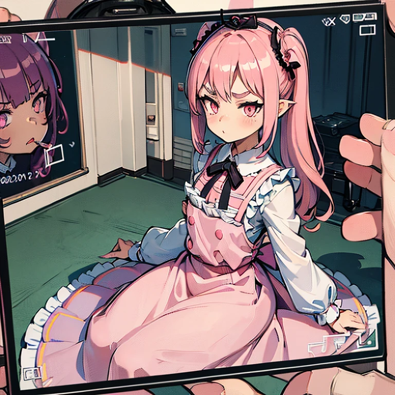 Girls with pink hair, long double-tailed hairstyle, ((small pink bushy eyebrows)), dressed in lolita clothes, marked vagina, lolicon (Zankuro) drawing style by zankuro artist, Zancro style, image uploaded to R34, changing of clothes in a room, hidden camera recording her, security camera filter recording her