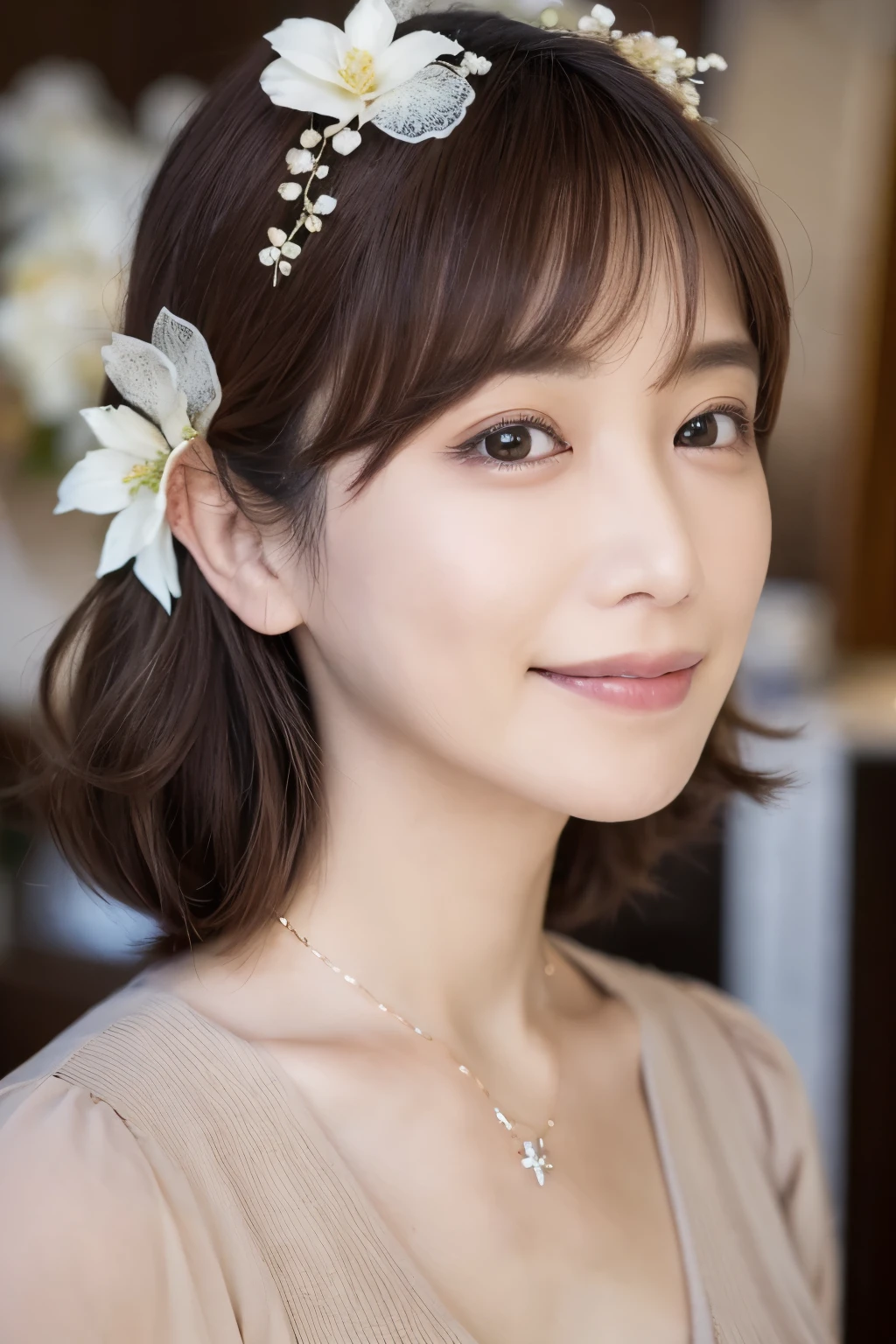 (wedding bun short hair:1.2), (white wedding dress, intricate dress, ball gown, bridal veil, bride, curtains, depth of field, dress, flower, hair flower, hair ornament, see-through, white flower, white rose:1.1), (face full of joy:1.3), one girl, 14 years old, 8k, RAW photo, best quality, masterpiece, realistic, photo-realistic, clear, professional lighting, BREAK, no makeup face, smile, BREAK, (small breasts:1.2), (looking back:1.2), (black eyes, black hair:1.2), full body shot