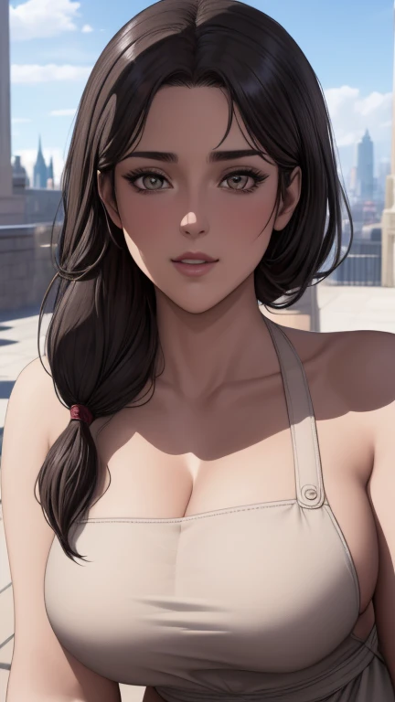 (day:1.7), a city with a lot of buildings and a sky background with clouds in the background and a blue sky, architecture,
Standing at attention, at the roof,
deep cleavage, collarbone, White apron,bare shoulders, 
black Hair,  brown eyes, Bangs, single braid, 
1 girl, 20yo,Young female,Beautiful Finger,Beautiful long legs,Beautiful body,Beautiful Nose,Beautiful character design, perfect eyes, perfect face,expressive eyes,
looking at viewer, in the center of the image,(Upper_body),(close-Up),(Focus on her face),
official art,extremely detailed CG unity 8k wallpaper, perfect lighting,Colorful, Bright_Front_face_Lighting,shiny skin, 
(masterpiece:1.0),(best_quality:1.0), ultra high res,4K,ultra-detailed,
photography, 8K, HDR, highres, absurdres:1.2, Kodak portra 400, film grain, blurry background, bokeh:1.2, lens flare, (vibrant_color:1.2)
(Beautiful,large_Breasts:1.4), (beautiful_face:1.5),(narrow_waist),