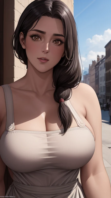 (day:1.7), a city with a lot of buildings and a sky background with clouds in the background and a blue sky, architecture,
Standing at attention, at the roof,
deep cleavage, collarbone, White apron,bare shoulders, 
black Hair,  brown eyes, Bangs, single braid, 
1 girl, 20yo,Young female,Beautiful Finger,Beautiful long legs,Beautiful body,Beautiful Nose,Beautiful character design, perfect eyes, perfect face,expressive eyes,
looking at viewer, in the center of the image,(Upper_body),(close-Up),(Focus on her face),
official art,extremely detailed CG unity 8k wallpaper, perfect lighting,Colorful, Bright_Front_face_Lighting,shiny skin, 
(masterpiece:1.0),(best_quality:1.0), ultra high res,4K,ultra-detailed,
photography, 8K, HDR, highres, absurdres:1.2, Kodak portra 400, film grain, blurry background, bokeh:1.2, lens flare, (vibrant_color:1.2)
(Beautiful,large_Breasts:1.4), (beautiful_face:1.5),(narrow_waist),