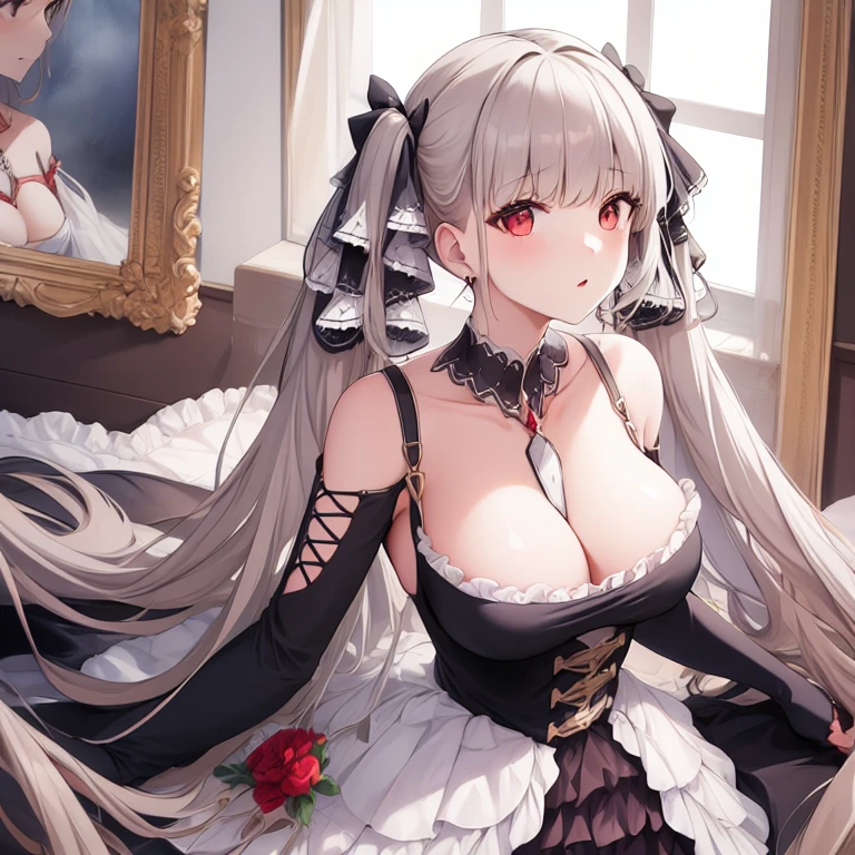 (masterpiece, best quality1.2),illustration,8k,hd,1girls,solo,upper body,(portrait:1.2),long_hair,large_breasts,red_eyes,very_long_hair,bangs,twintails,ribbon,grey_hair,cleavage,hair_ribbon,two-tone_ribbon,between_breasts,black_dress,dress,frills,bare_shoulders,frilled_dress,long_sleeves,two-tone_dress,jewelry,earrings,