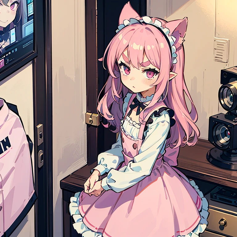 Girls with pink hair, long double-tailed hairstyle, ((small pink bushy eyebrows)), dressed in lolita clothes, marked vagina, lolicon (Zankuro) drawing style by zankuro artist, Zancro style, image uploaded to R34, changing of clothes in a room, (hidden camera recording her, security camera filter recording her)
