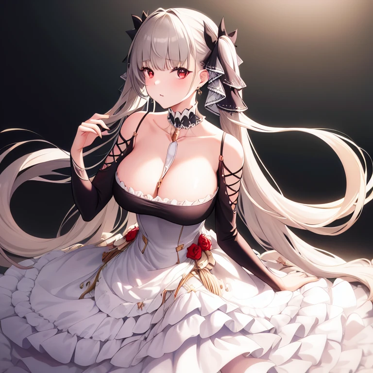 (masterpiece, best quality1.2),illustration,8k,hd,1girls,solo,hand up,(portrait:1.2),long_hair,large_breasts,red_eyes,very_long_hair,bangs,twintails,ribbon,grey_hair,cleavage,hair_ribbon,two-tone_ribbon,between_breasts,black_dress,dress,frills,bare_shoulders,frilled_dress,long_sleeves,two-tone_dress,jewelry,earrings,