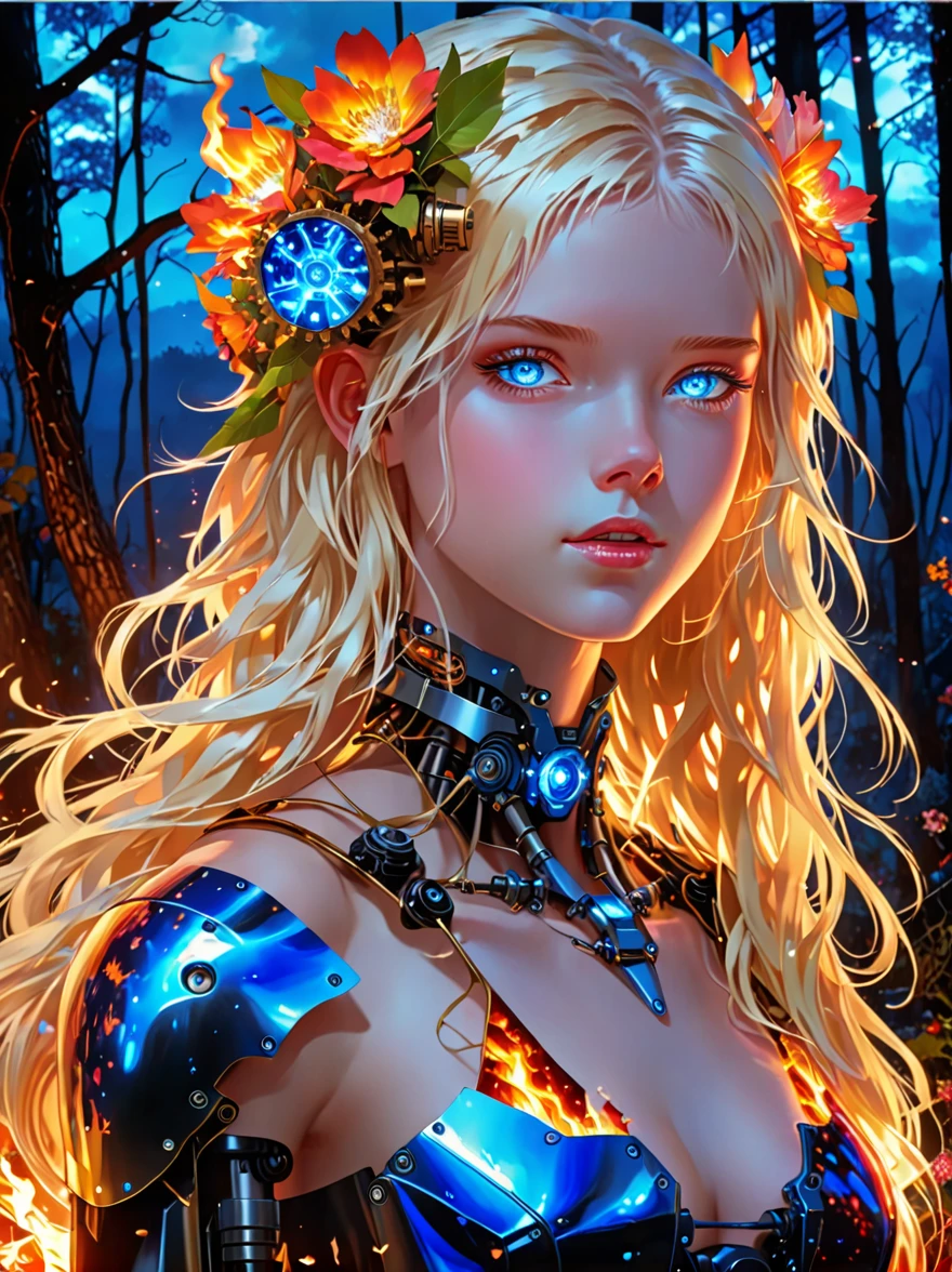 (covered in flowers:1.4), (1girl), blue eyes, night sky, robot joints, (raw flesh:1.3), (blonde hair:1.3), faize, fire and ice, (image split in half with multiple colours:2), (cogs attached to body:1.2), gold plates, blue eyes, sapphire, liquid metal, night sky, (looking at an angle:1.3), (fire and ice), ((ral-chrome)), (hair bow:1.4), (forest:1.3), (fog:1.3)