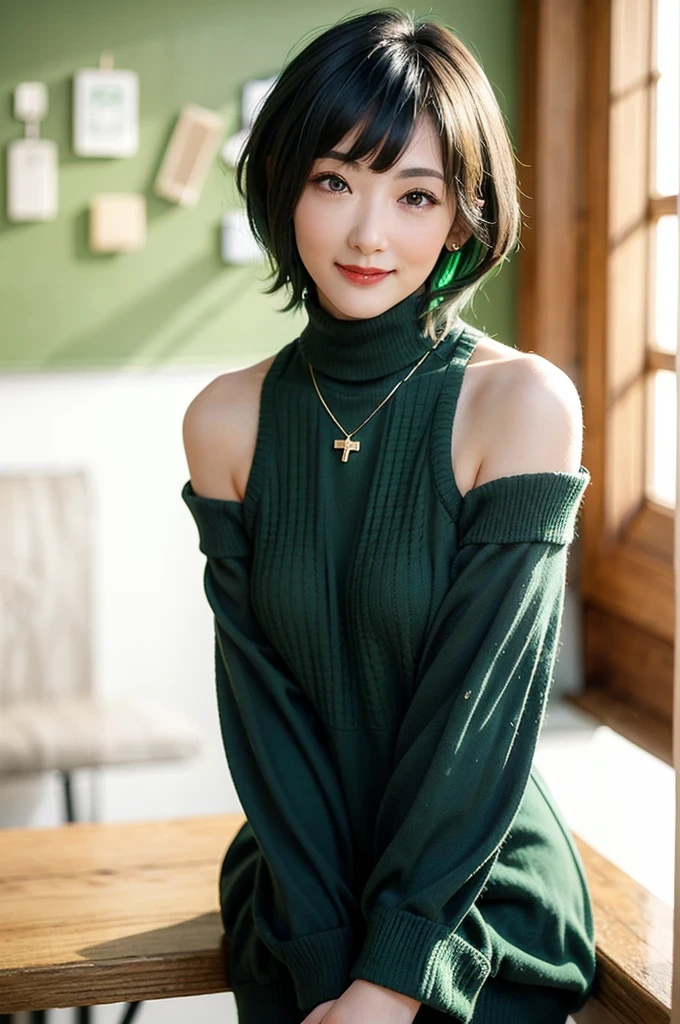 (red lips:1.4), full body, (turtleneck oversize sweater dress:1.2), (cable knit fabric:1.4) , 1girl,solo,
(8k, RAW photo, best quality, masterpiece:1.3),(realistic, photo-realistic:1.37),realistic skin texture,(photorealistic:1.3),(hyperrealistic:1.2), (short hair:1.4) , seducting pose, (green colored clothes:1.7), (green hair:1.7), (seducting smile:1.4), (detached sleeves:1.4), (cheek dimples:1.4), (narrow shoulders:1.7), earrings, golden necklace,