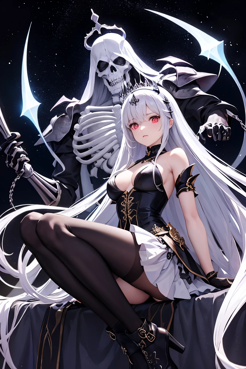（（（highest quality、Masterpiece、Normal body、8k、Detailed face、Ultra-precision、Normal hand、Normal finger、５Finger、supreme）））Golden and silver hair、Princess、Gorgeous Dress、White and black skirt、Shiny Tiara、night armor、metal boots、death scythe、grim Reaperの鎌、Grim Reaper、grim Reaper、Skeleton demon behind、Skeleton demon in background、Skeleton demon behind、Skeleton demon in the background、Chaos and Cosmos、Blood on the Sanctuary、temple、A shining sanctuary、nightmare、A collapsing world