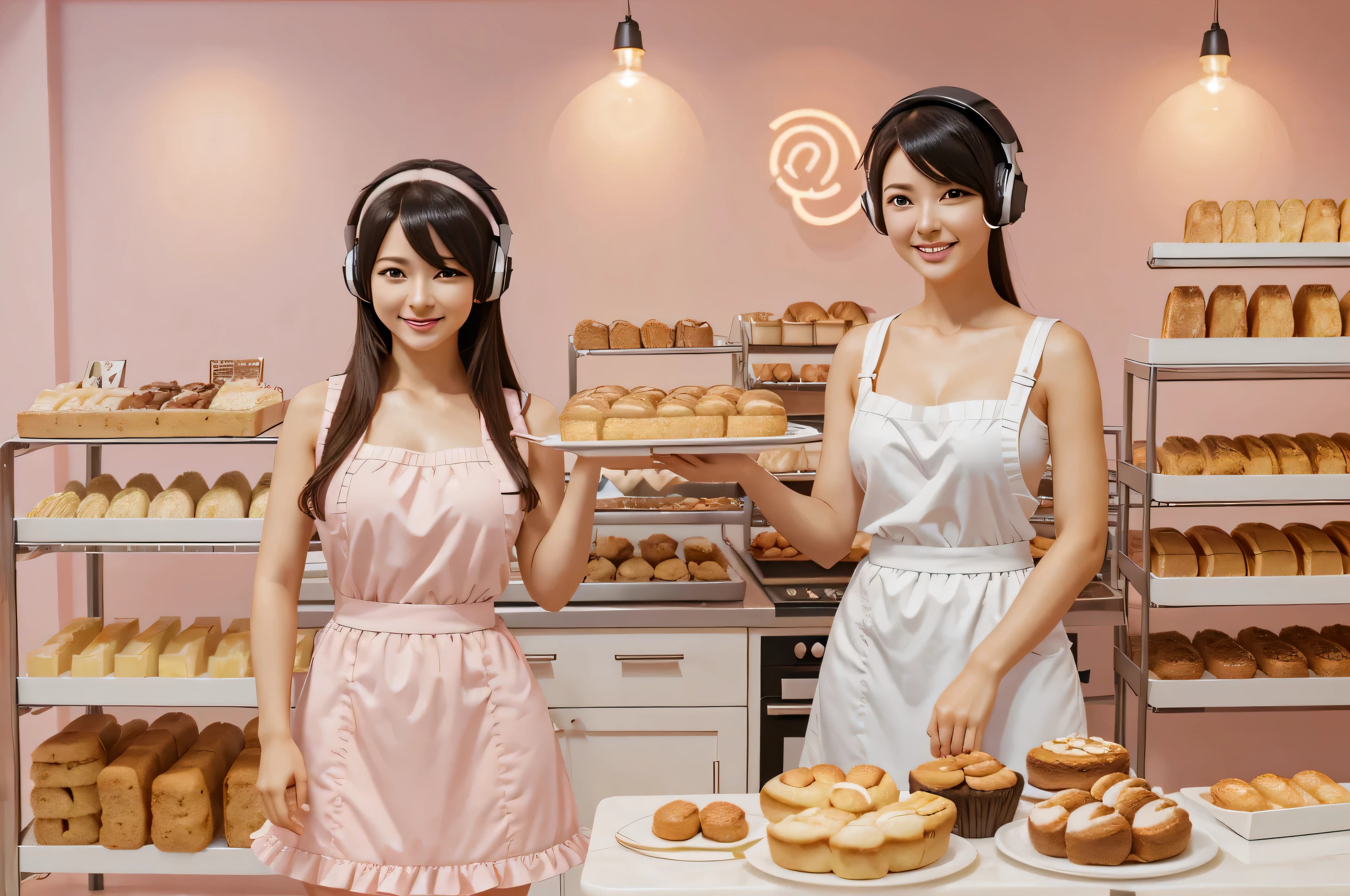 A woman standing in front of a tray of baked goods, European and American ladies beautiful anime face shape，Simple and sexy，Headphones on the head，Cheerful and happy expression，Match clothing colors to baking colors，baking artwork, Background is fresh bakery,Hide the highlight color block of the light， fantasy bakery, bakery, Anime Background Art, Anime Food, Labor, murata and artgerm series, best anime 4k konachan wallpaper, Bread Pokémon，Bright and vivid picture，Have an appetite。