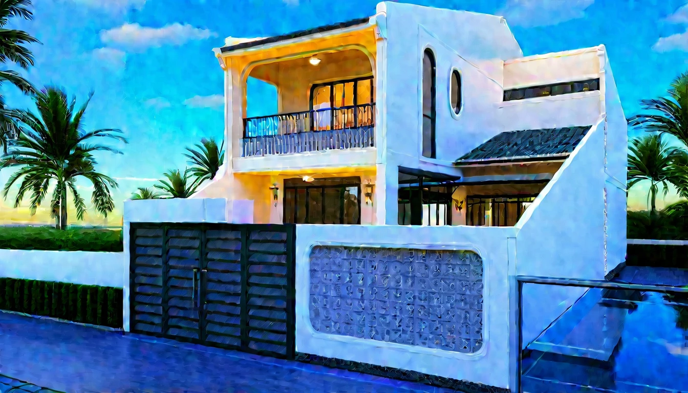 Ultra-realistic 8k, hd image quality, sharp detail, modern villa,(( large glass windows)), American Palm trees high,modern style, shimmering sky, sunset light, feels peaceful, beautiful, close and warm, (((Warm light from indoor:1.3))), (daylight:1.2), perfect lighting,dynamic light, ((large glass doors)), (night light), peaceful space, (nignt sky:1.3)), he road in front of the house, ((car:1.2))