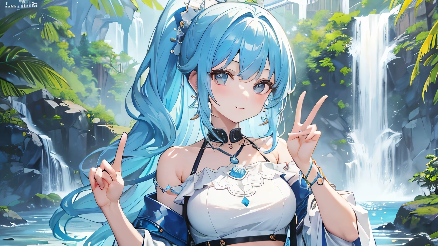 highest quality　masterpiece　Beautiful girls　one person　Mid-teens　Beautiful Skin　smile　looking at the camera　Emphasis on the upper body　Peace sign with one hand　Light blue hair　Semi-long hair　　ponytail　off shoulder blouse　mini skirt　Big Breasts　necklace　Earrings　bracelet　ring　Standing with a waterfall in the background