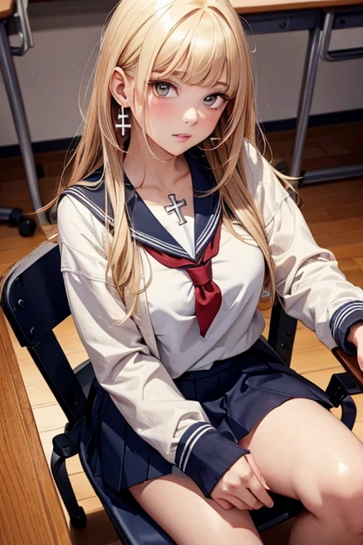 (masterpiece: 1.3), (Maximum resolution: 1.2), (Ultra HDTV: 1.2), Cinema Lights, Ultra HDTV, (Detailed eyes and skin), (Detailed facial features), High resolution, 8k resolution, Sharp focus: 1.2, Perfect Style, Beautiful Face, Accurate, Anatomically correct, Highly detailed face and skin texture, Fine grain, Brown eyes, double eyelid, Thin eyebrows, Glitter Eyeliner: 1.2, natural cheeks, Glowing Skin, Fair skin: 1.2, Shiny little necklace and earrings, (glossy lips: 1.4), 
break, 
First Person View, Wear high , (Embarrassing:1.2), (blush:1.2), Pure and cute girl, Blonde, (full body shot: 1.2), Focus on the face, ((Very close relationship: 1.2)), (Medium large breasts), (((In the classroom at night:1.2)), ((sit cross-legged leaning back in one&#39;s school chair:1.4)), (Looking down at the viewer:1.2)), (From below:1.3), ((Many other students&#39; backgrounds)),