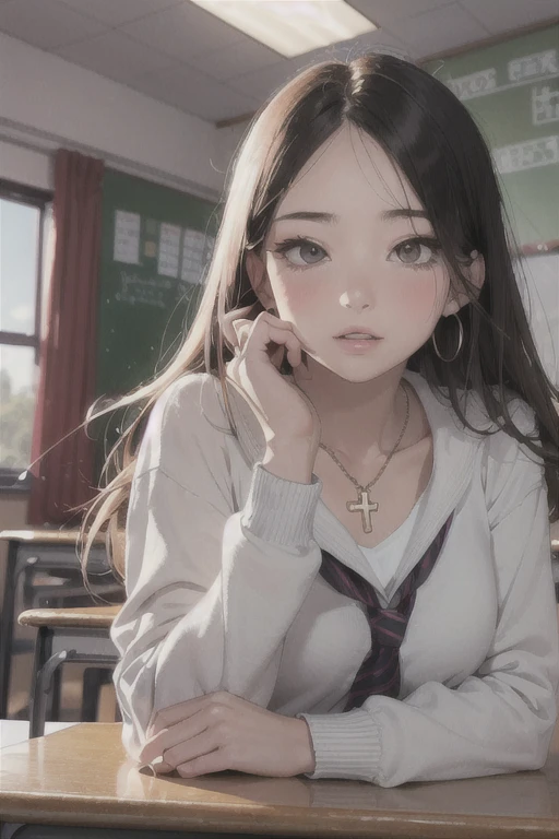 (masterpiece: 1.3), (Maximum resolution: 1.2), (Ultra HDTV: 1.2), Cinema Lights, Ultra HDTV, (Detailed eyes and skin), (Detailed facial features), High resolution, 8k resolution, Sharp focus: 1.2, Perfect Style, Beautiful Face, Accurate, Anatomically correct, Highly detailed face and skin texture, Fine grain, Brown eyes, double eyelid, Thin eyebrows, Glitter Eyeliner: 1.2, natural cheeks, Glowing Skin, Fair skin: 1.2, Shiny little necklace and earrings, (glossy lips: 1.4),
break,
First Person View, Wear high , (Embarrassing:1.2), (blush:1.2), Pure and cute girl, Blonde, (full body shot: 1.2), Focus on the face, ((Very close relationship: 1.2)), (Medium large breasts), (((In the classroom at night:1.2)), ((sit cross-legged leaning back in one's school chair:1.4)), (Looking down at the viewer:1.2)), (From below:1.3), ((Many other students' backgrounds)),