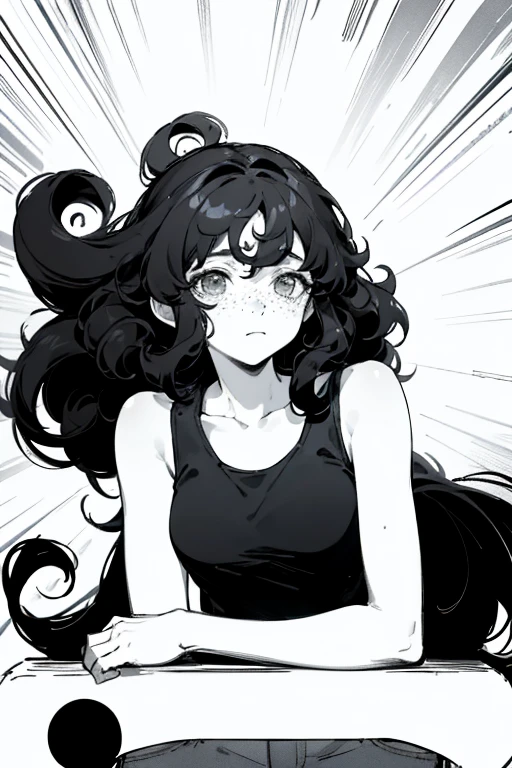 ((highest quality)), ((masterpiece)), (be familiar with), Perfect Face、Girl、Line art、Anime Style、Black tank top、Show the whole body、draft、Monochrome、Long Hair、Black Hair、cool、Calm、jeans、Very droopy eyes、upright、freckles、peek、Extremely curly hair、Curly hair、long hair、Expressionless、Resting your chin in your hand