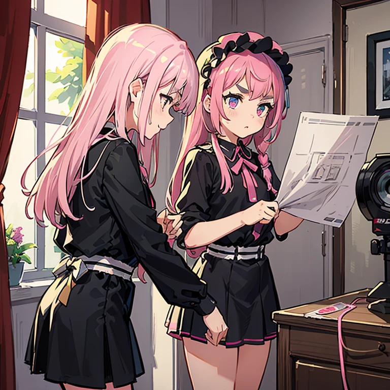 Girls with pink hair, long double-tailed hairstyle, ((small pink bushy eyebrows)), dressed in ta clothes, marked vagina, loli(Zankuro) drawing style by zankuro artist, Zancro style, image uploaded to R34, changing of clothes in a room, looking away, not looking at the camera (hidden camera recording it, security camera filter recording it)