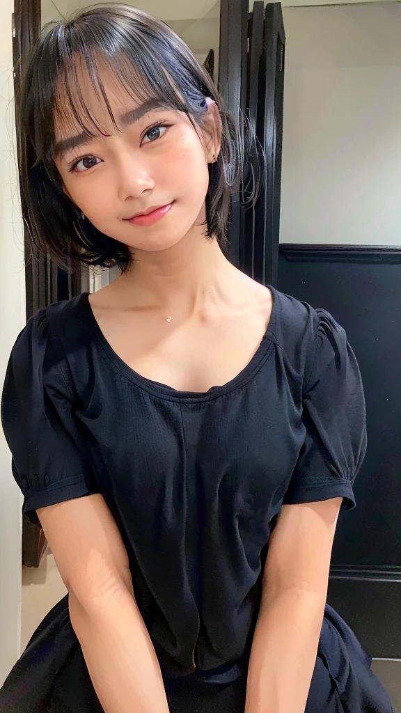black shirt, cowboy shot, masterpiece, beautiful, (1girl, freya jkt48, lips, black eyes, short hair,closed mouth, little smile, photorealistic:1.3), looking at viewer, huge , proportional size breastroom, ((Best quality, 8k,low pov, tight black shirt, Masterpiece :1.3))