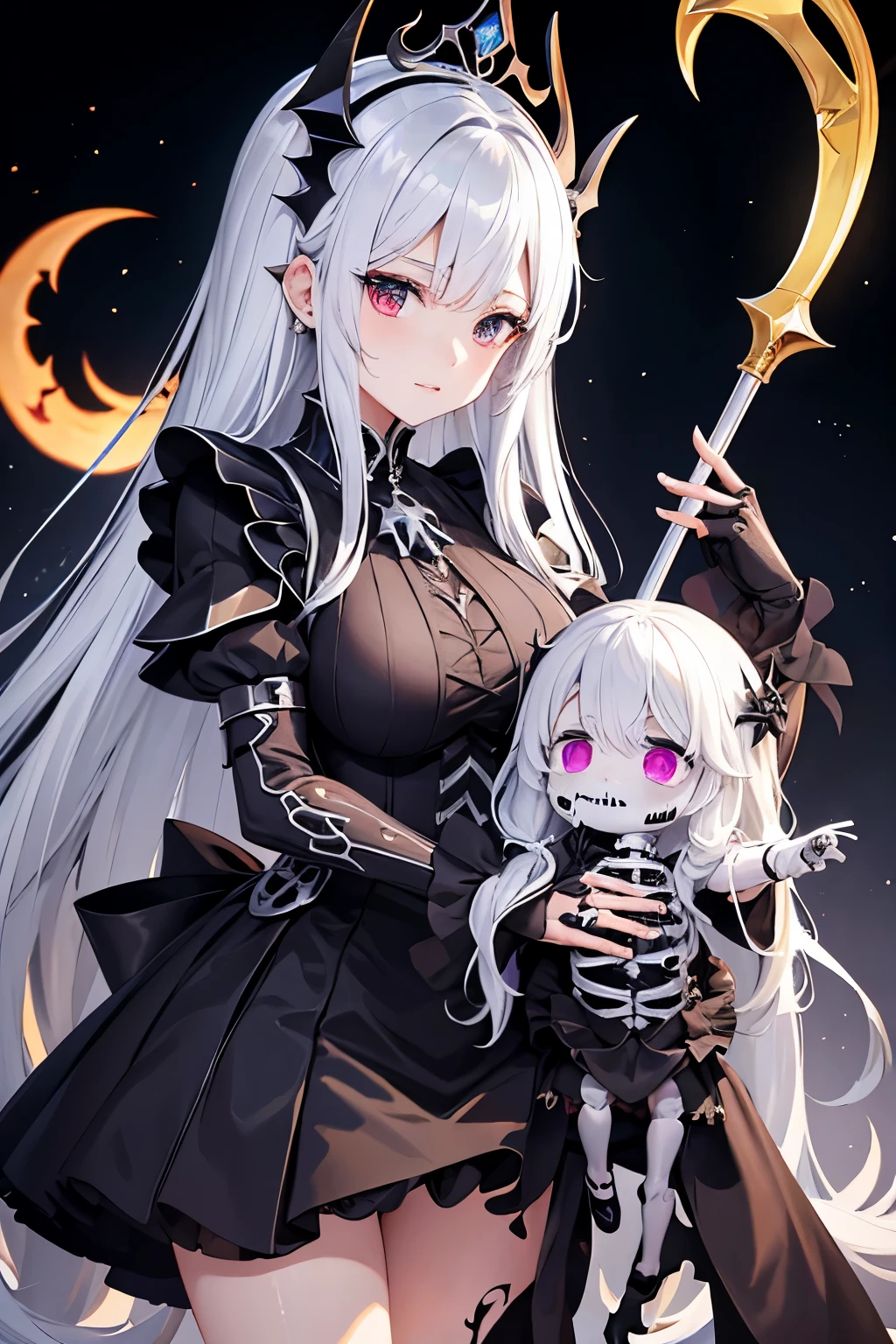 （（（highest quality、Masterpiece、Normal body、8k、Detailed face、Ultra-precision、Normal hand、Normal finger、５Finger、supreme）））Golden and silver hair、Princess、Gorgeous Dress、White and black skirt、Shiny Tiara、night armor、metal boots、death scythe、grim Reaperの鎌、Grim Reaper、grim Reaper、Skeleton demon behind、Skeleton demon in background、Skeleton demon behind、Skeleton demon in the background、Chaos and Cosmos、Blood on the Sanctuary、temple、A shining sanctuary、nightmare、A collapsing world、Dimensional Destruction