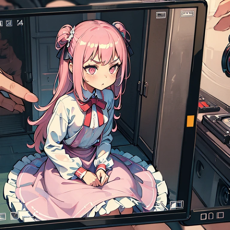 Girls with pink hair, long double-tailed hairstyle, ((small pink bushy eyebrows)), dressed in lolita clothes, marked vagina, lolicon (Zankuro) drawing style by zankuro artist, Zancro style, image uploaded to R34, changing of clothes in a room, looking away, not looking at the camera (hidden camera recording it, security camera filter recording it)