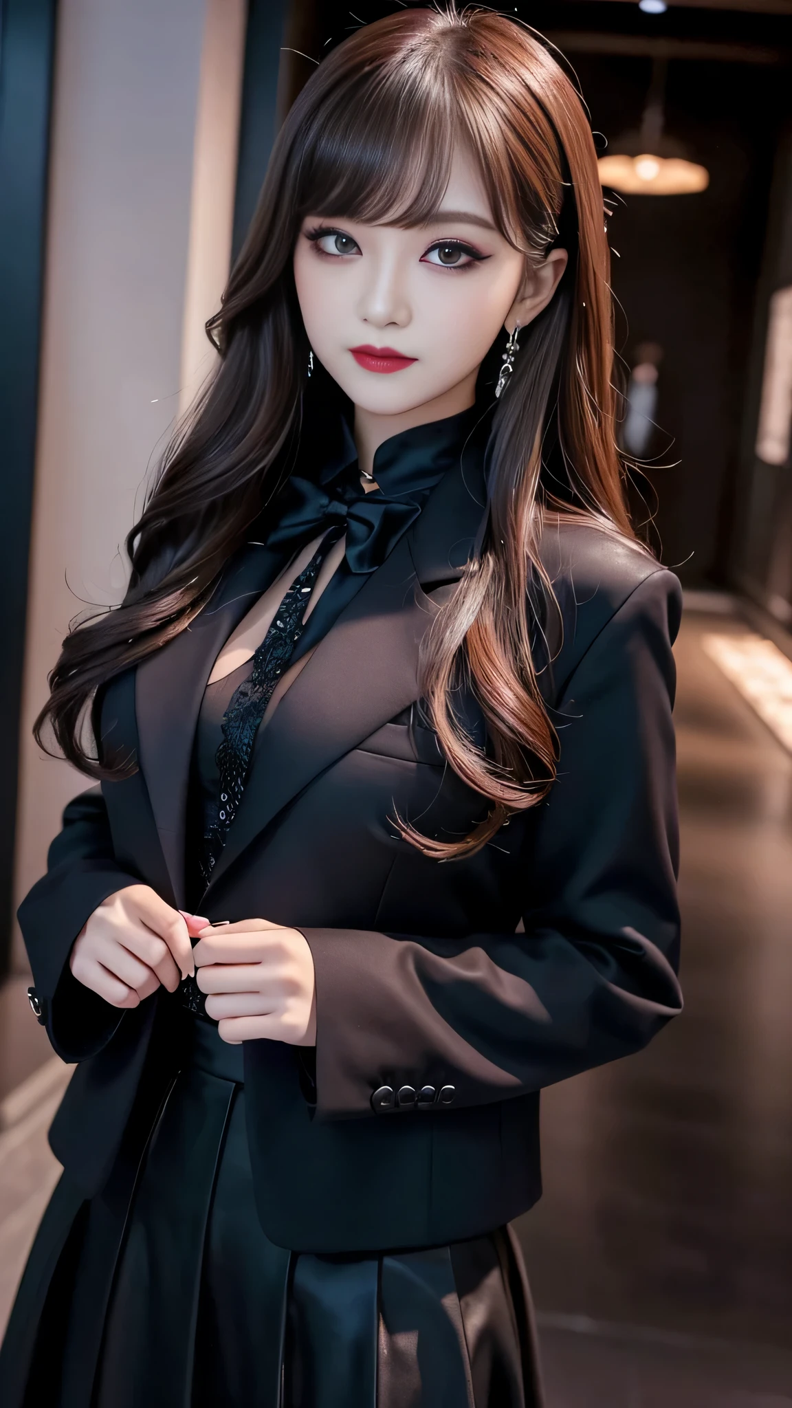 2girls、best quality、ultra-detailed、4k、Japanese、Seductive beauty、seductive adult woman、Pretty Woman、cool girl、Villainess、Brainwashed、brainwash、Fallen into evil、smirk、Evil look、Wicked Smile、evil、Brown hair、wavy hair、swept bangs、dark makeup、dark makeup、piercing eyes、hollow eyes,half-closed eyes、Hollow Eyes、Purple Eyeshadow、black lipstick、black lipglos、suit、Jacket、blouse、Black Ribbon、Long skirt、slit、Beautiful feet、night、Eerie Citadel、Are standing、