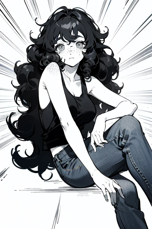 ((highest quality)), ((masterpiece)), (be familiar with), Perfect Face、Girl、Line art、Anime Style、Black tank top、Show the whole body、draft、Monochrome、Long Hair、Black Hair、cool、Calm、jeans、Very droopy eyes、upright、freckles、peek、Extremely curly hair、Curly hair、long hair、Expressionless、Resting your chin in your hand