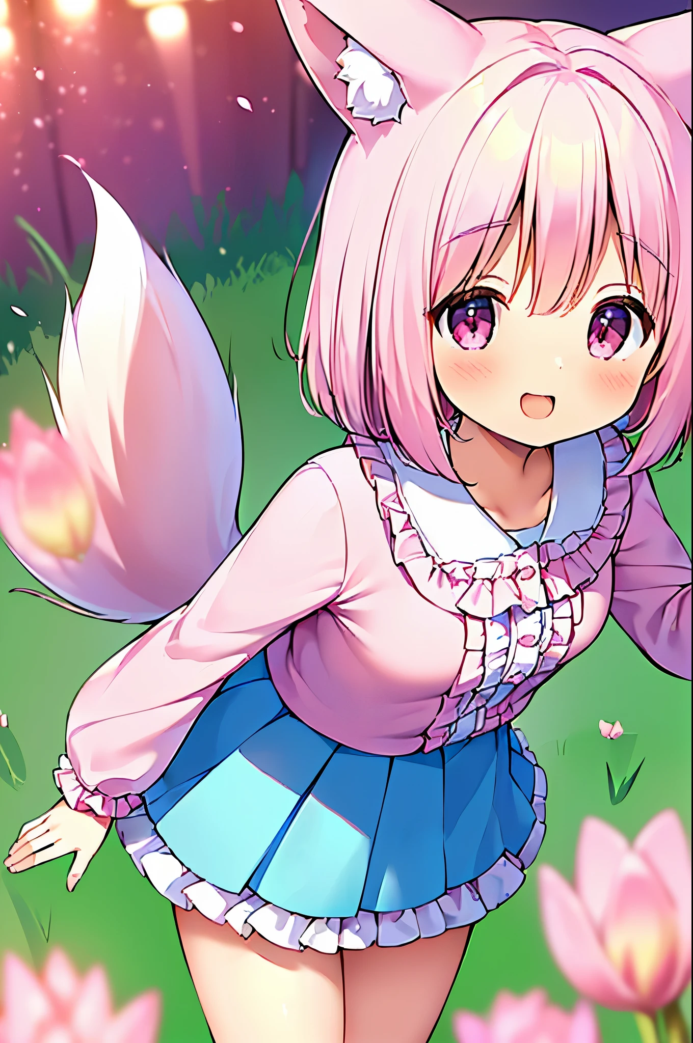 (((masterpiece))), (((最high quality))), (((high quality))), (((beautiful))), (((8K))), (((High resolution)) (((超High resolution))), (((High resolution))), (((Transcendent Technique Illustration))), (Pink Short Hair:1.3), (Pink fox tail:1.4), (Pink fox tail:1.2), Pink fox ears, (Pink Eyes), (Super small breasts:1.5), (Super small breasts:1.4), (Cowboy Shot:1.3), (laughing:1.3), (Tulip flower field:1.3), (Super cute pink blouse with frills:1.3), (Blue pleated skirt with frills:1.3), (look up:1.4), (Leaning forward:1.5), (From above:1.4)