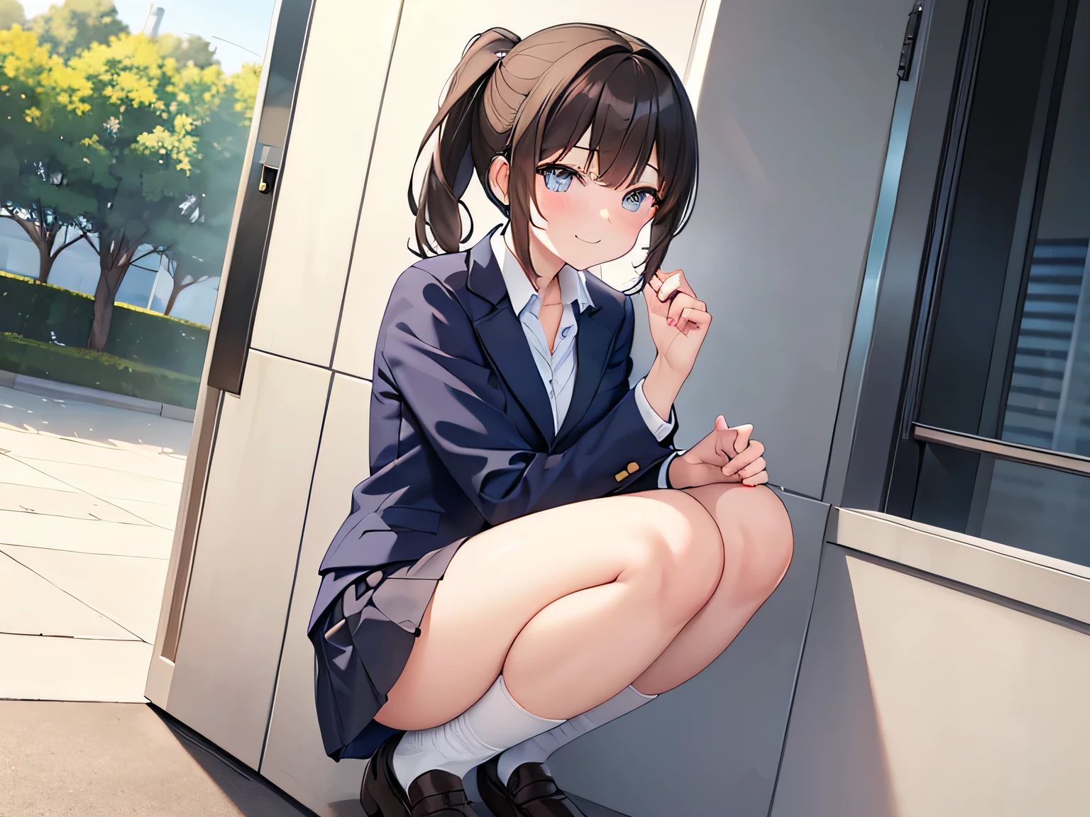 (Masterpiece, top quality, high resolution, realistic photo, realistic looking skin:1.1),
(Woman is squatting with her legs closed with both knees and thighs together:1.9),
(The woman's body is facing directly toward us and her panties are visible:1.9),
(She is resting her elbows on her knees and resting her cheekbones on her cheekbones: 1.5),
(Glimpse of panties: 1.8),
(She has a smirking smirk on her face:1.5),
(She is wearing a navy blue blazer from her high school uniform:1.5),
(She is wearing a gray mini-skirt of her high school uniform:1.5),
(She is wearing black loafers: 1.5),
(She is wearing loose socks: 1.8),
(Her panties are white simple cotton:1.5),
(She has brown hair in a short ponytail:1.5),
(Location: apartment entrance:1.5),
1 Japanese girl, solo, full bodied esbian, beautiful eyes, glowing eyes, glowing thighs, NSFW