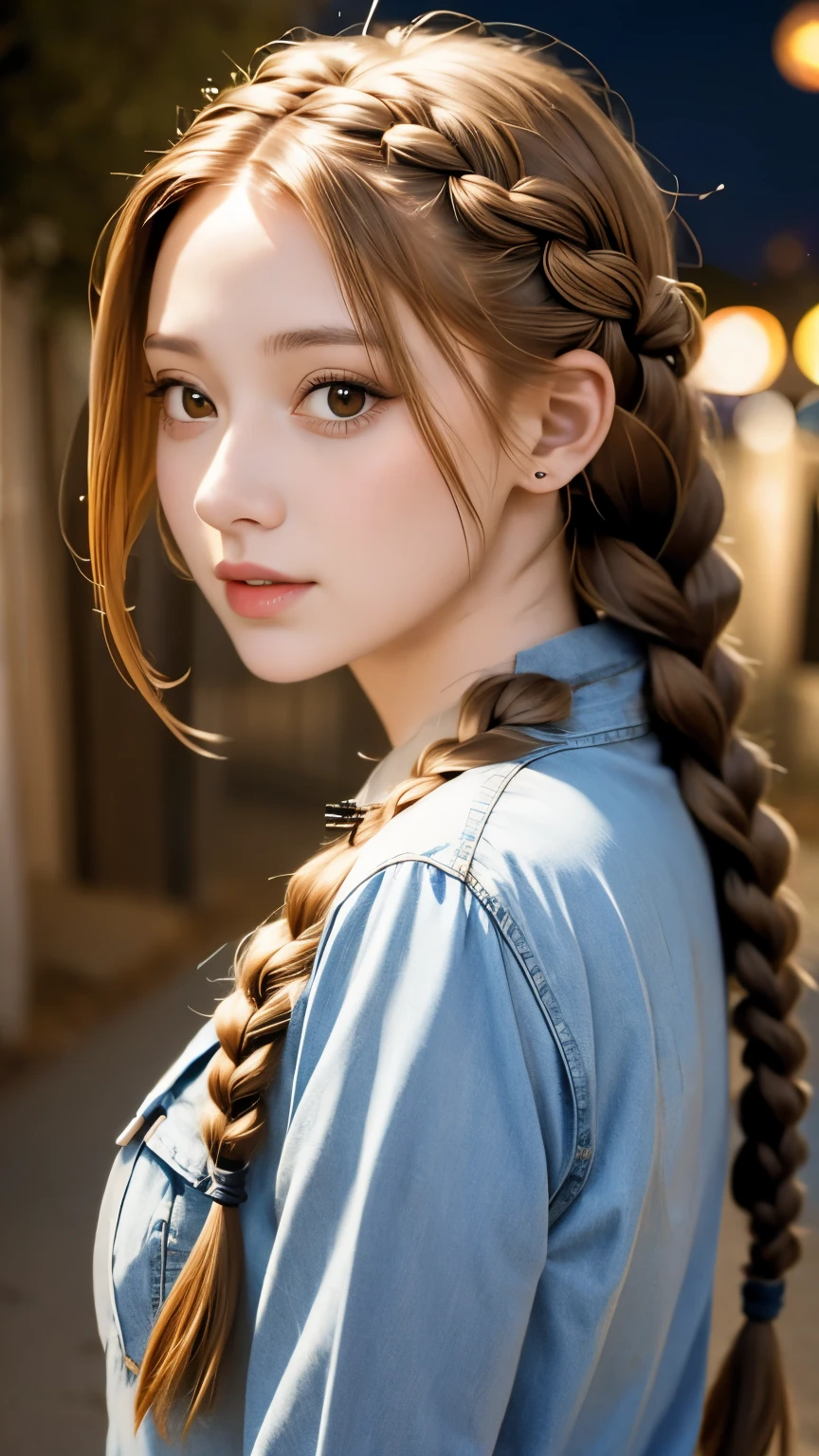 a close up of a woman with long hair wearing a denim shirt, a portrait by Frederik Vermehren, trending on pexels, renaissance, two braids, braided brown hair, red braided hair, braided hair. nightime, braids, complex redhead braided hair, gorgeous hair, woman with braided brown hair, red intricate long braids, pigtail braids
