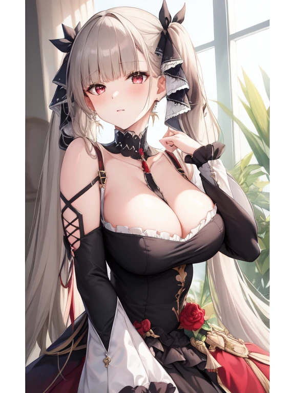 (masterpiece, best quality1.2),illustration,8k,hd,1girls,solo,hand up,(portrait:1.2),long_hair,large_breasts,red_eyes,very_long_hair,bangs,twintails,ribbon,grey_hair,cleavage,hair_ribbon,two-tone_ribbon,between_breasts,black_dress,dress,frills,bare_shoulders,frilled_dress,long_sleeves,two-tone_dress,jewelry,earrings,