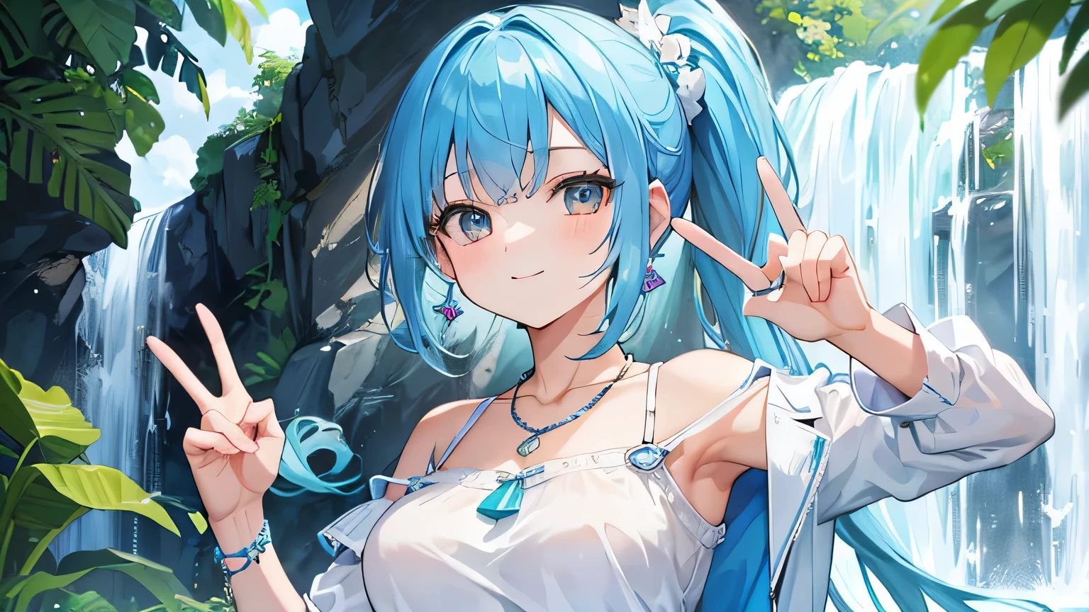 highest quality masterpiece Beautiful girls one person Mid-teens Beautiful Skin smile looking at the camera Emphasis on the upper body Peace sign with one hand Light blue hair Semi-long hair ponytail off shoulder blouse mini skirt Big Breasts necklace Earrings bracelet ring Standing with a waterfall in the background