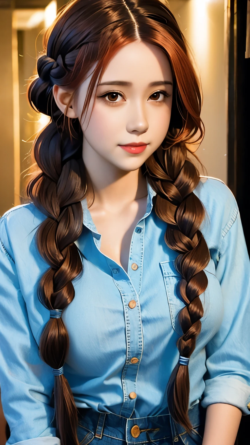 a close up of a woman with long hair wearing a denim shirt, two braids, braided brown hair, red braided hair, braided hair. nightime, braids, gorgeous hair, complex redhead braided hair, woman with braided brown hair, red intricate long braids, pigtail braids, braid hairstyle, long braided hair, beautiful hair, pigtails hairstyle