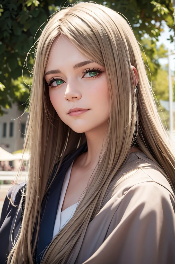 8K PORTRAIT OF AN OLD LADY WITH GREEN EYES LONG HAIR ATTENDING HER DAUGHTER&#39;S GRADUATION