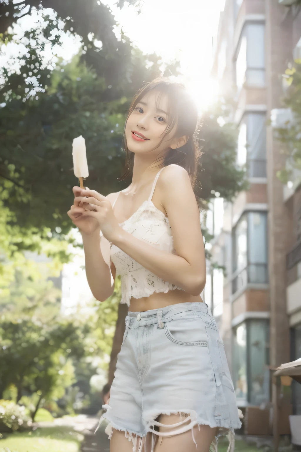 (on the table, best quality, Realistically, Ultra Detailed, meticulous, high resolution, 8k wallpaper), Close-up portrait of a beautiful woman, like, Smile, Light brown messy hair, Perfect dynamic composition, beautiful meticulous eyes, Just like the cover of a fashion magazine, On Campus