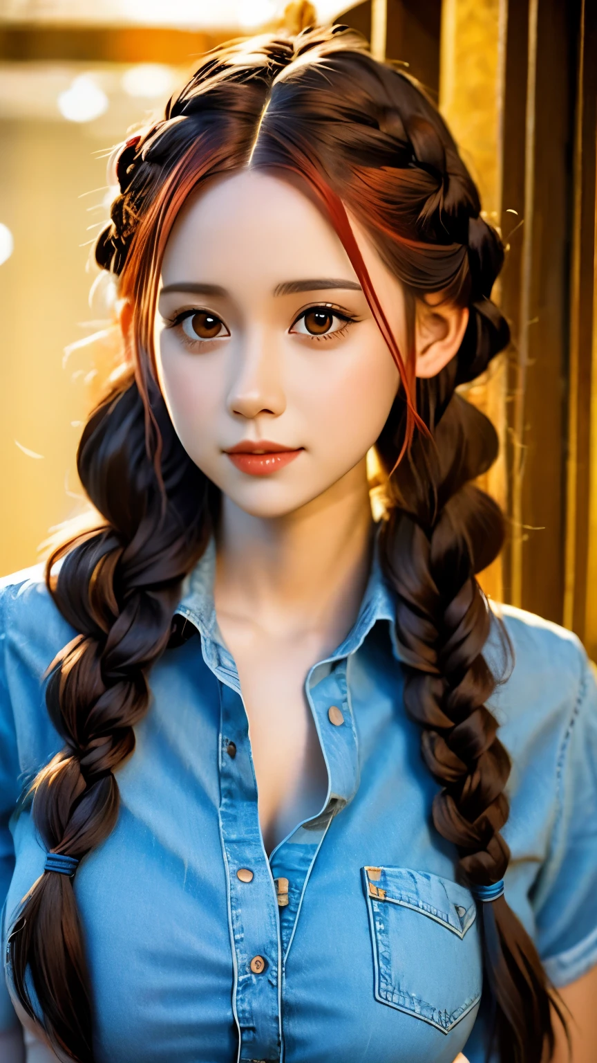 a close up of a woman with long hair wearing a denim shirt, two braids, braided brown hair, red braided hair, braided hair. nightime, braids, gorgeous hair, complex redhead braided hair, woman with braided brown hair, red intricate long braids, pigtail braids, braid hairstyle, long braided hair, beautiful hair, pigtails hairstyle