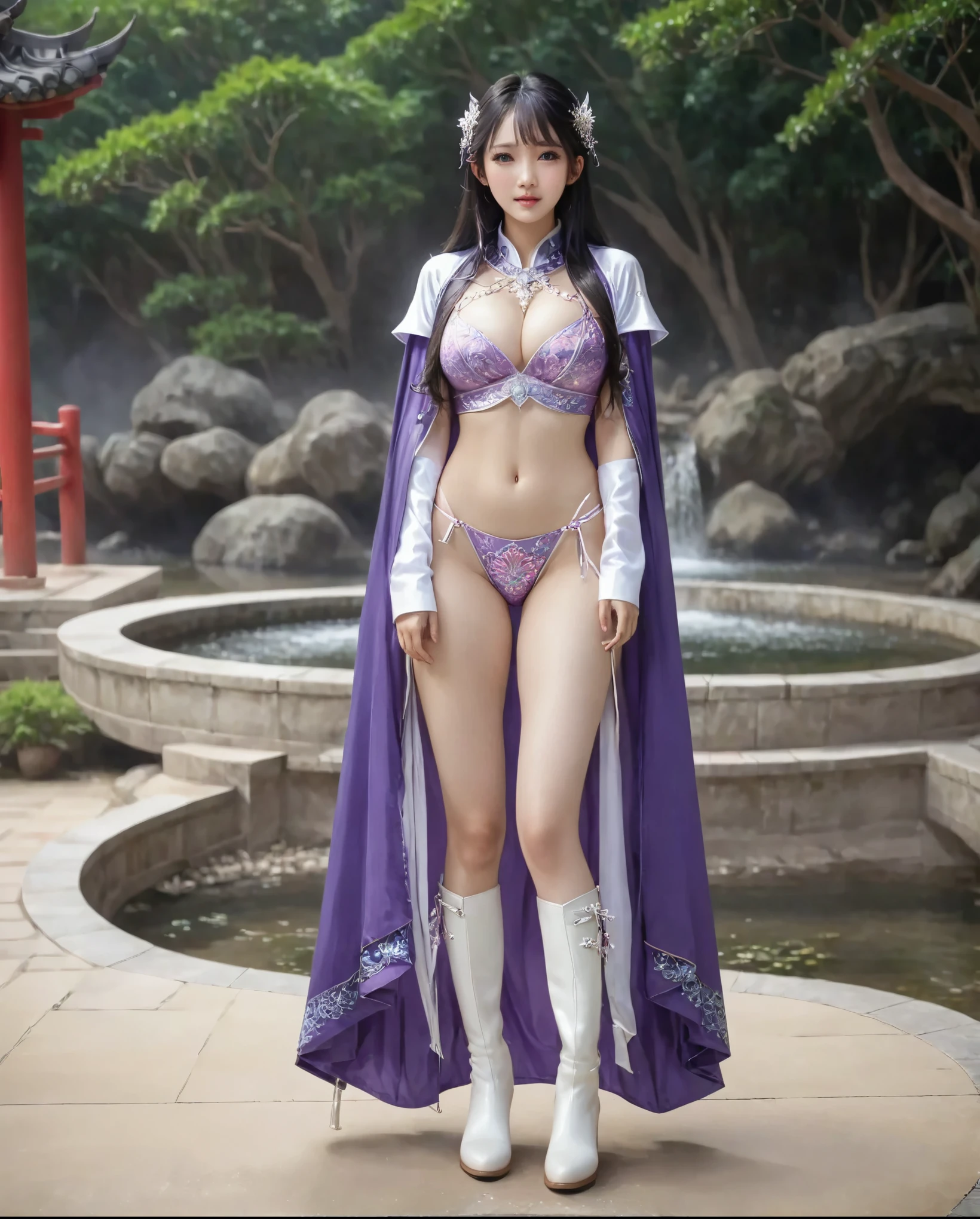 A girl who looks very shy, Shy face, full body xianxia, Sexy pink white bikini lingerie，high-cut underwear，high cut underwear，Pink white panties，Chinese Hanfu，Long-legged girl，Put on your boots，White boots，Huge breasts，Put on your hat，fantasy服装, Put on a priest&#39;s cloak, Full body silver cloak, 穿着fantasy服装, Face the audience，Realistic 8000g，Impeccable，masterpiece，Professional artwork，Famous Artworks，Light，movie bloom，Perfect face，Pretty Face，fantasy，Dreamy and magical，not real，Intricate details，Beautiful Pattern