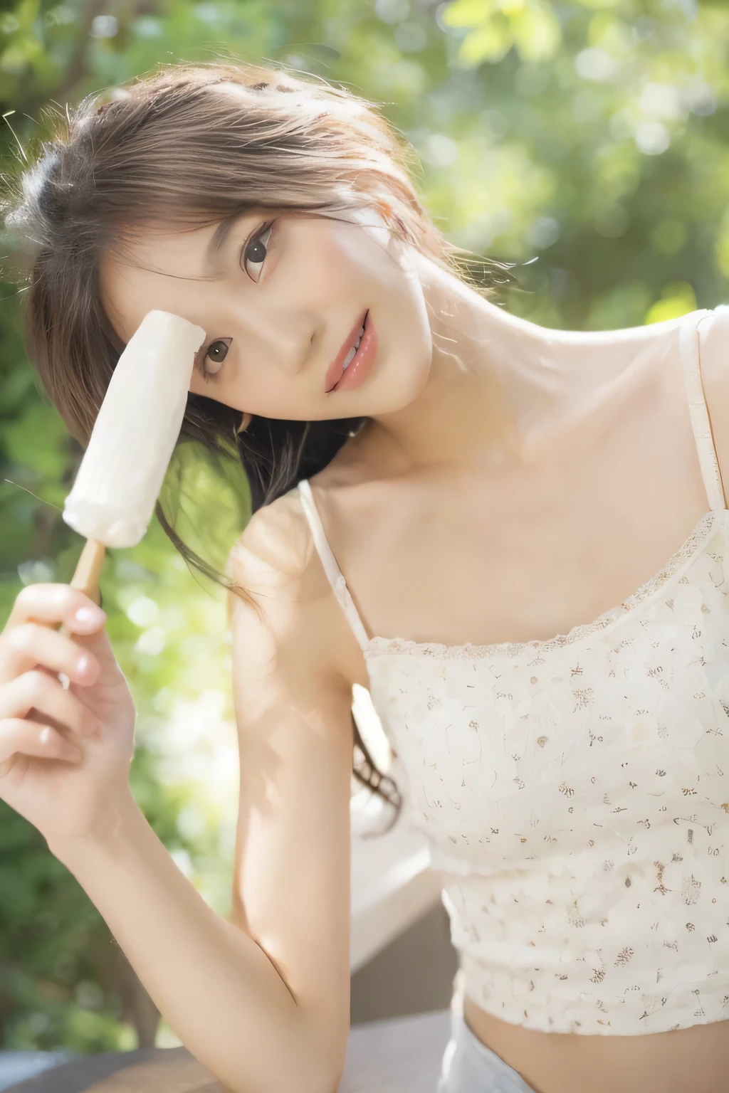 (on the table, best quality, Realistically, Ultra Detailed, meticulous, high resolution, 8k wallpaper), Close-up portrait of a beautiful woman, like, Smile, Light brown messy hair, Perfect dynamic composition, beautiful meticulous eyes, Just like the cover of a fashion magazine, On Campus