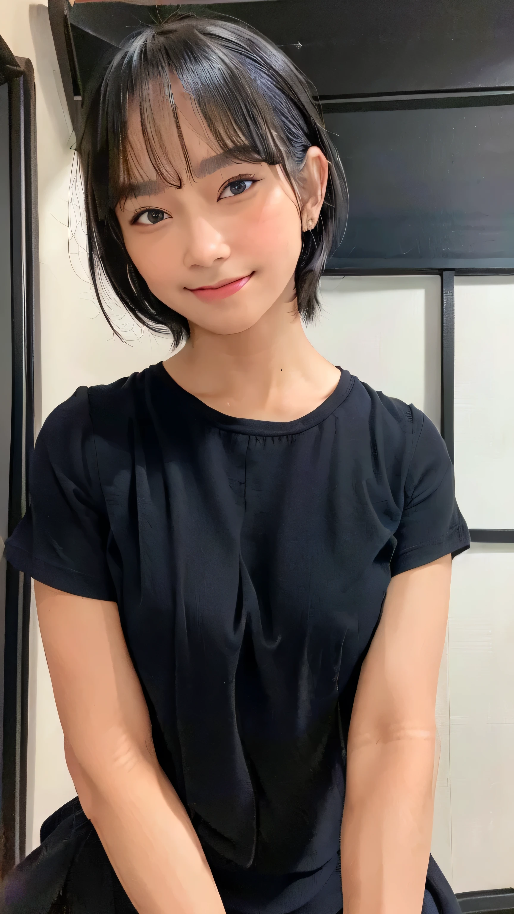 black shirt, cowboy shot, masterpiece, beautiful, (1girl, freya jkt48, lips, black eyes, short hair,closed mouth, little smile, photorealistic:1.3), looking at viewer, huge breast, proportional size breast, bathroom, ((Best quality, 8k,low pov, tight black shirt, Masterpiece :1.3))