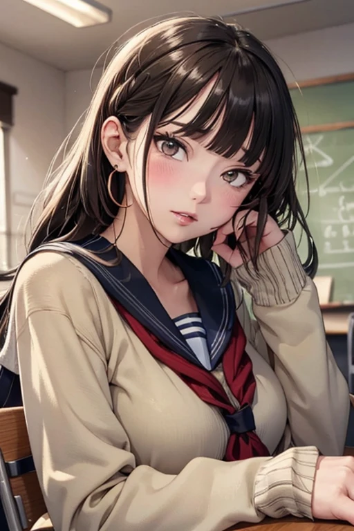 (masterpiece: 1.3), (Maximum resolution: 1.2), (Ultra HDTV: 1.2), Cinema Lights, Ultra HDTV, (Detailed eyes and skin), (Detailed facial features), High resolution, 8k resolution, Sharp focus: 1.2, Perfect Style, Beautiful Face, Accurate, Anatomically correct, Highly detailed face and skin texture, Fine grain, Brown eyes, double eyelid, Thin eyebrows, Glitter Eyeliner: 1.2, natural cheeks, Glowing Skin, Fair skin: 1.2, Shiny little necklace and earrings, (glossy lips: 1.4),
break,
First Person View, Wear high , (Embarrassing:1.2), (blush:1.2), Pure and cute girl, Blonde, (full body shot: 1.2), Focus on the face, ((Very close relationship: 1.2)), (Medium large breasts), (((In the classroom at night:1.2)), ((sit cross-legged leaning back in one's school chair:1.4)), (Looking down at the viewer:1.2)), (From below:1.3), ((Many other students' backgrounds)),