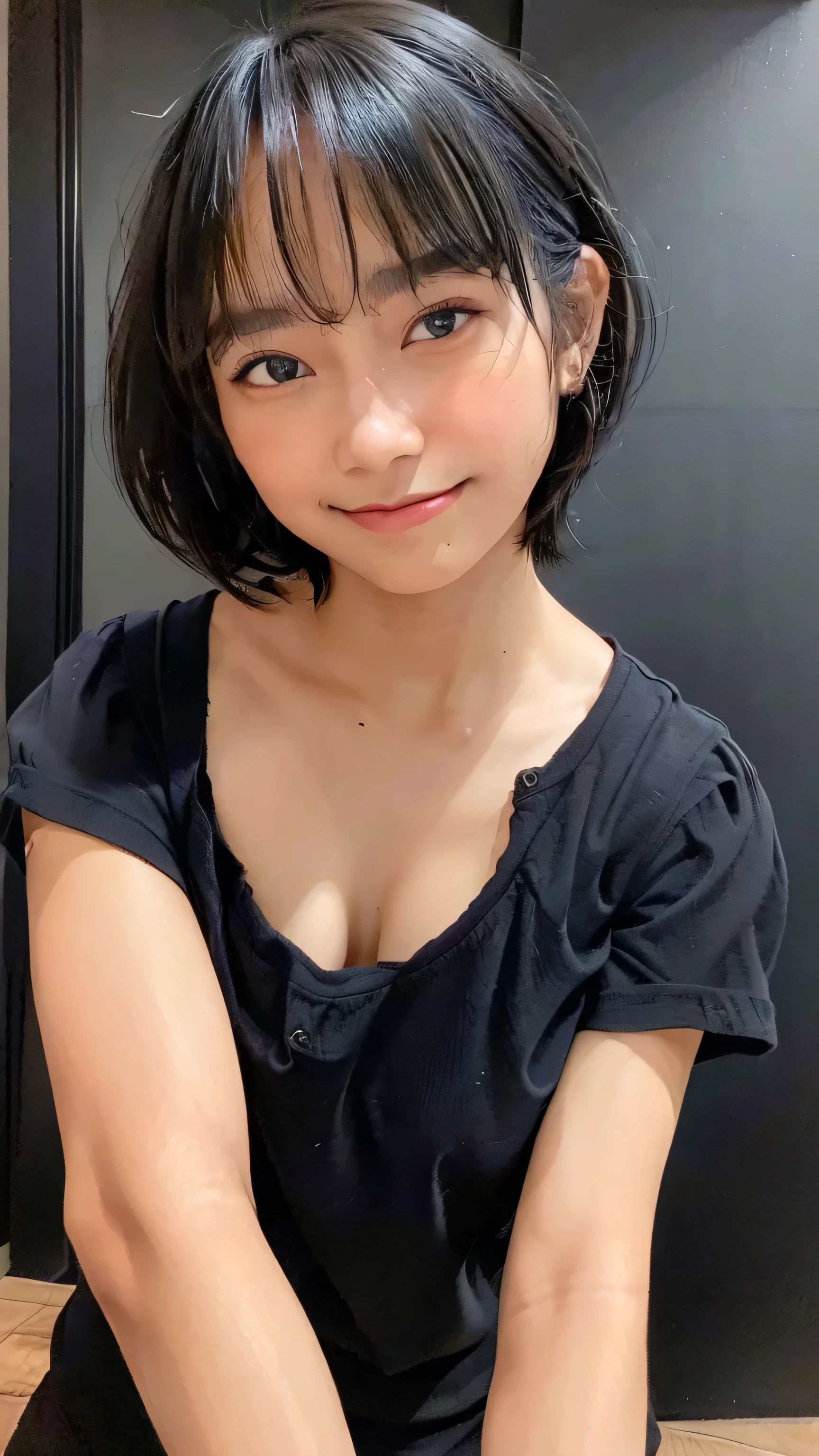 black shirt, cowboy shot, masterpiece, beautiful, (1girl, freya jkt48, lips, black eyes, short hair,closed mouth, little smile, photorealistic:1.3), looking at viewer, huge breast, proportional size breast, bathroom, ((Best quality, 8k,low pov, tight black shirt, Masterpiece :1.3))