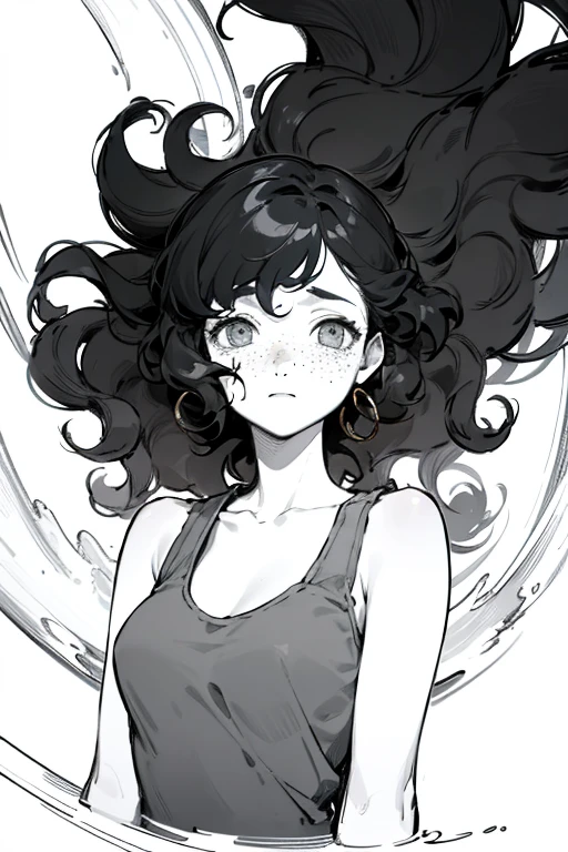 ((highest quality)), ((masterpiece)), (be familiar with), Perfect Face、Line art、Anime Style、Show the whole body、draft、Monochrome、Long Hair、Black Hair、cool、Calm、Very droopy eyes、upright、freckles、peek、Extremely curly hair、Curly hair、long hair、Expressionless、Resting her chin in her hand、smile、Big Ass、cute、freckles、Young、Small breasts、Details、Ribs visible、The lower body is underwear、A small long-sleeved T-shirt、Accentuate your butt