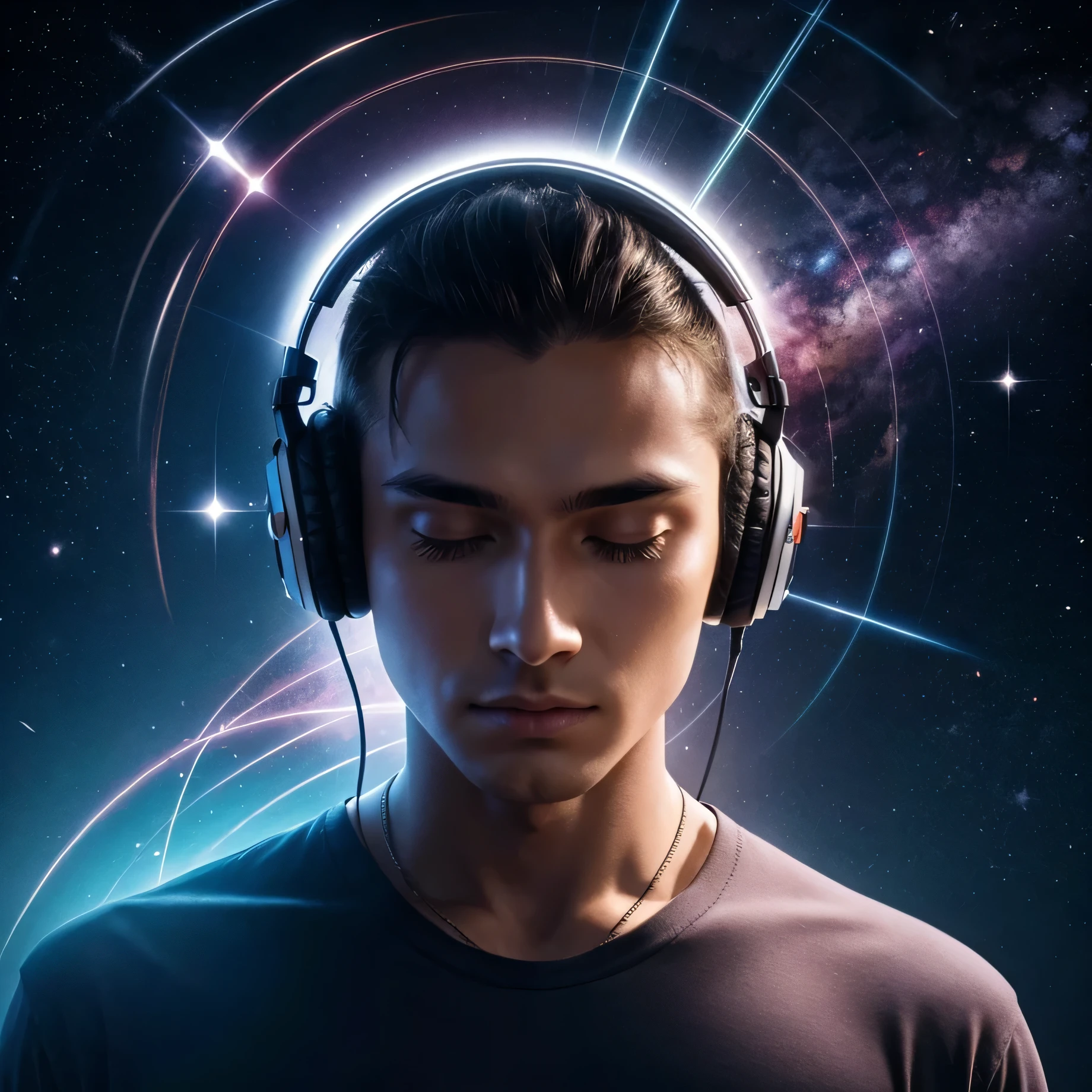 close up of a person with big headphones on and a glowing star in the background, consciousness projection, meditating, enlighted person, symmetry!! , distributed consciousness, , artificial consciousness, , human, astral travel, the rise of consciousness, brainwave image going out of his ears