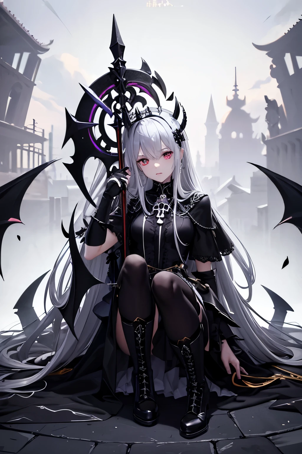 （（（highest quality、Masterpiece、Normal body、8k、Detailed face、Ultra-precision、Normal hand、Normal finger、５Finger、supreme）））Golden and silver hair、Princess、Gorgeous Dress、White and black skirt、Shiny Tiara、night armor、metal boots、death scythe、grim Reaperの鎌、Grim Reaper、grim Reaper、Skeleton demon behind、Skeleton demon in background、Skeleton demon behind、Skeleton demon in the background、Blood on the Sanctuary、temple、A shining sanctuary、nightmare、A collapsing world、Dimensional Destruction、Distorted Dimensional Fault