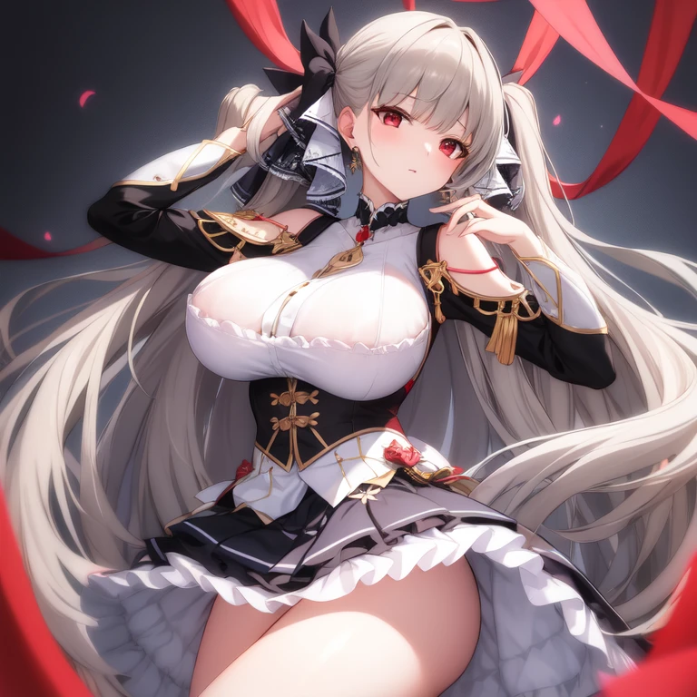 (masterpiece, Best quality1.2),illustration,8k,HD,1 Girl,Solitary,hands up,(portrait:1.2),long_hair,Large target_breast,Red_Eye,Very_long_hair,Bangs,Double tail,ribbon,grey_hair,cleveage,hair_ribbon,Two-color_ribbon,between_breast,Black_skirt,skirt,decorate,only_Shoulder,Frilly_skirt,long_sleeve,Two-color_skirt,jewelry,earrings,