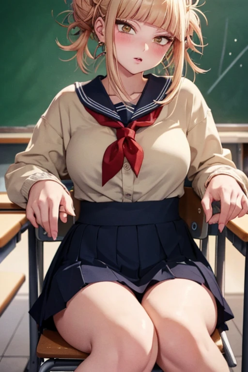 Toga lifting her shirt to reveal her underwear, underwear, bra, shirt lifting, cute, hot, blonde hair, ultra detailed, beautiful body, beautiful face, high quality, good anatomy, school, classroom, sitting on desk, glasses, white stocking, skirt