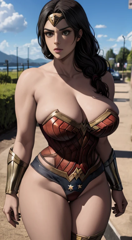 wonder woman costume, huge breasts, big sized breast, cleavage, MILF, thigh legs, Long black hair, hair over shoulder, brown eyes, perfect curvy shaped body, wonder woman costume, ultra realistic squinting sexy eyes , massive sized breast, standing, thigh legs, brown colour eyes, ultra realistic detailed shiny brown eyes, beautiful and perfect face, sunlight and garden background, black hair, bright brown colour eyes, wonder woman costume,