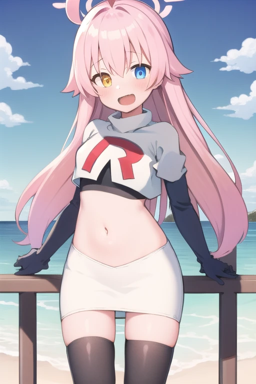 drakoi, outdoor, lake, 1girl, long hair, pink hair, thigh, casual clothes, smile, fang, half closed mouth, large breasts, tree, red rose, burh, cloud, mountain