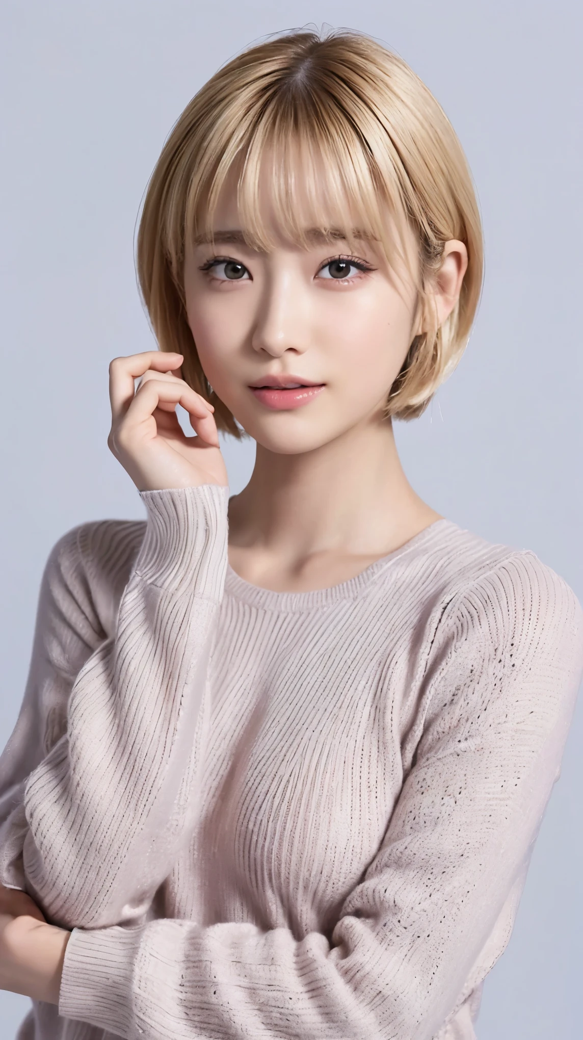 (masterpiece, Best image quality, high quality, High resolution, Realistic:1.2), (Bright lighting, Professional Lighting), (Portraiture, One Woman, A beautiful woman), (Realistic Skin, Fine skin, Beautiful Skin), (blonde hair, short hair, middle part:1.3), (Eyelash extensions, Sharply draw eyelashes), (hidden creased eyelids:1.3), (Fine grain, Long, narrow eyes, Iris, Your eyes are sparkling, How to draw eyes carefully), ((Looking down:1.2), Watching the audience, Sharp Eyes, hot gaze), (Embarrassing, A little red cheeks, smiling:1.2), (Lean upper body, Toned body like an athlete:1.2), (A thin sweater in the color of Japanese spring, Clothes are tight fitting:1.3)