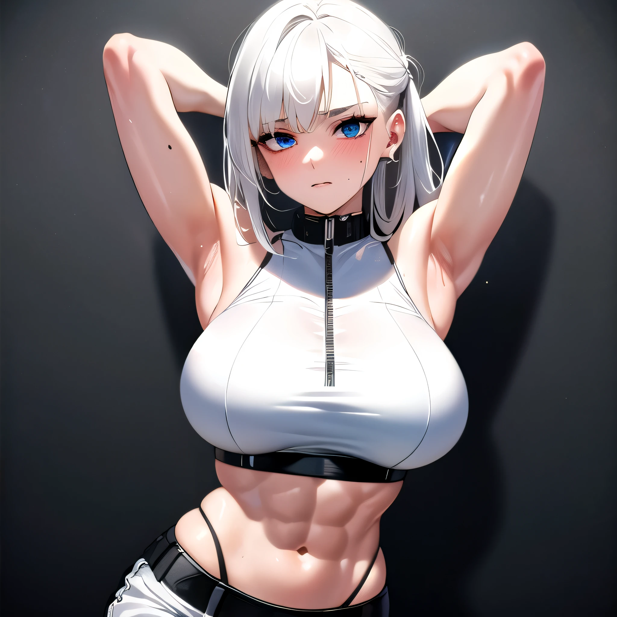 highest quality, 32k, Raw photo, incredibly Abdominal musclesurdres, Very detailed, Delicate texture, white hair,(Beautiful and beautiful eyes: 1.2), (overhead), Beautiful Face, One girl,White crop top, leather shorts, oversized leather jacket, Upper Body, Abdominal muscles,Sweat, Ahegao, Roll your eyes, blush, Drooling,body fluid,indoor, night, Sexy mole,arms up