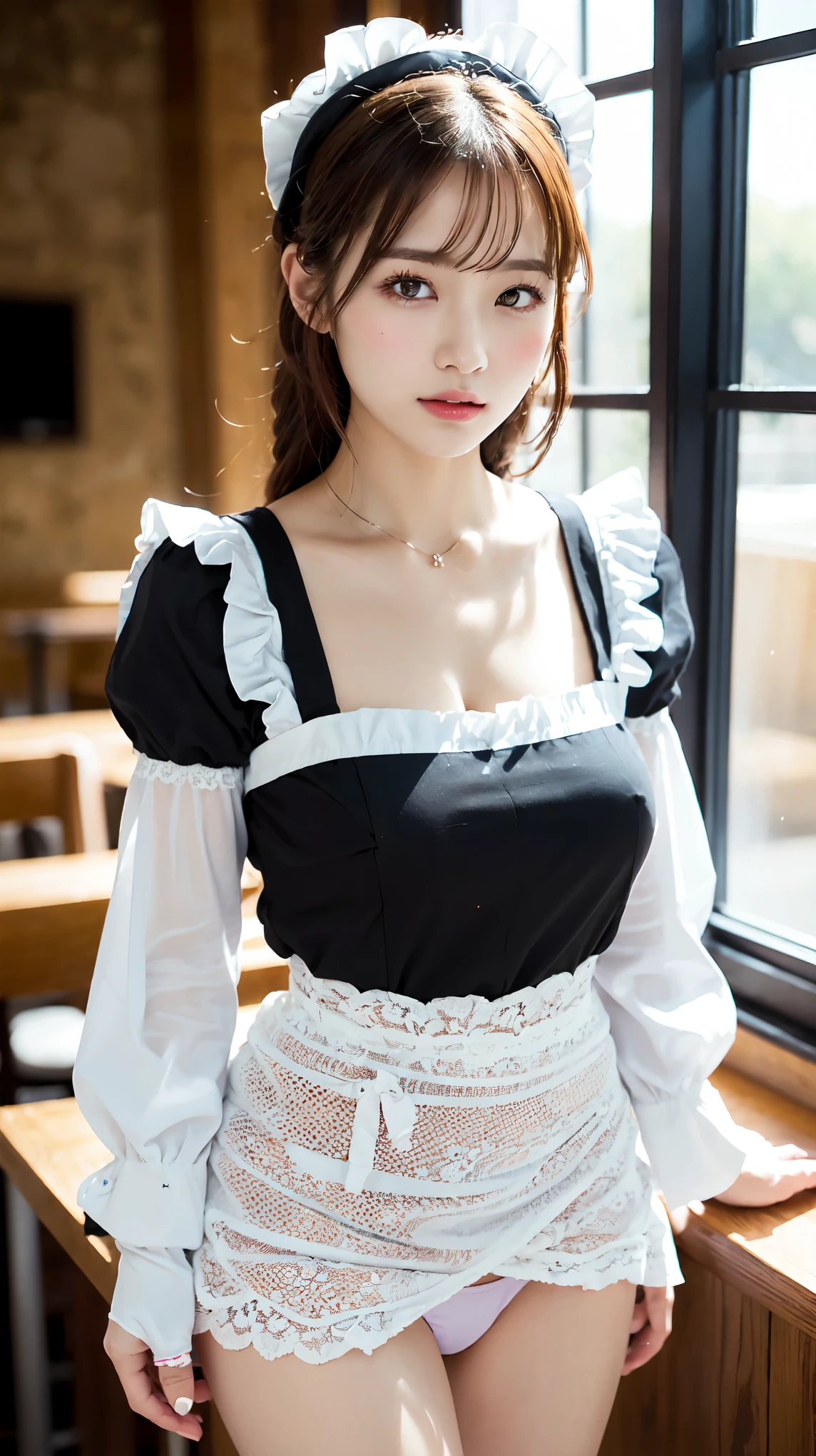 One Girl, apron, Black dress, blush, Braiding, dress, Eyebrows visible through hair, Big Breasts, valley, The chest is exposed, Beautiful nipples, Frills, gloves, Hair between the eyes, jewelry, Juliet Sleeve, Long sleeve, Maid, Maid apron, Maidの頭飾り, Puffy sleeves, short hair,((She lifted her skirt to show her panties.、Tempting you)), White lace panties, White apron, window, Huge 、Nogizaka Idol、Korean Idols、Burning idol pose、actress、Age 25、expensive、Cafe、restaurant, Official Art,Highly detailed CG Unity 8k wallpaper, (masterpiece:1.0),(highest quality:1.0), photo shoot, 8k, Browsing Caution, High resolution, Kodak Portrait 400, Film Grain, Lens flare brilliance,View Audience