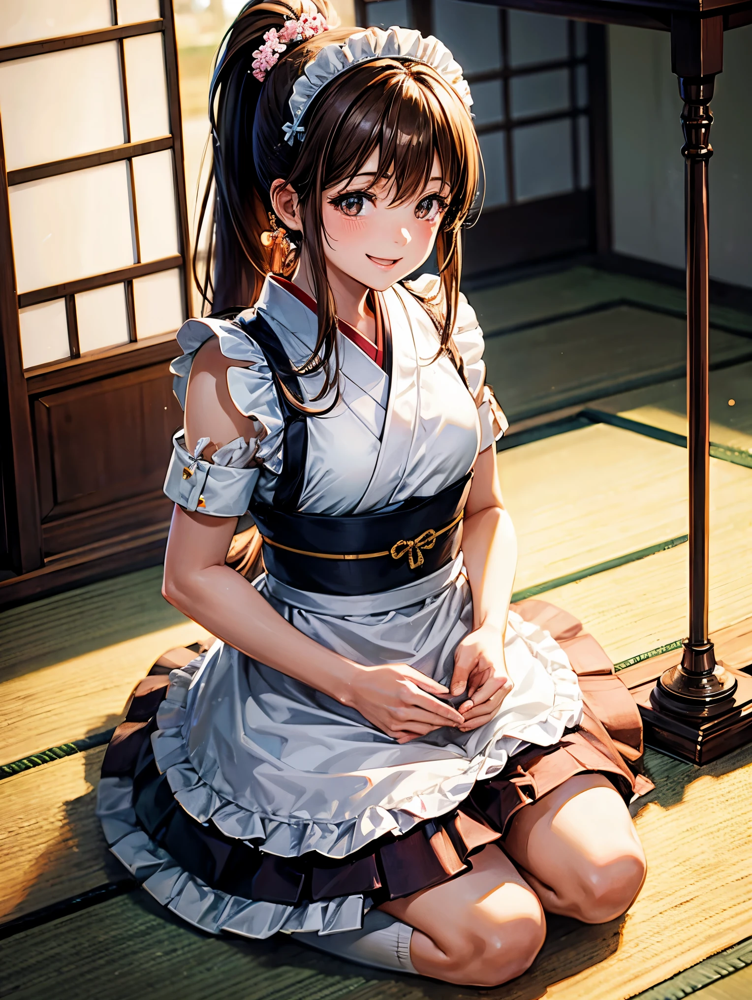 highest quality,Best Image,Japanese,Small breasts,Brown hair long,,Beautiful girl,smile,Maid clothes,ponytail