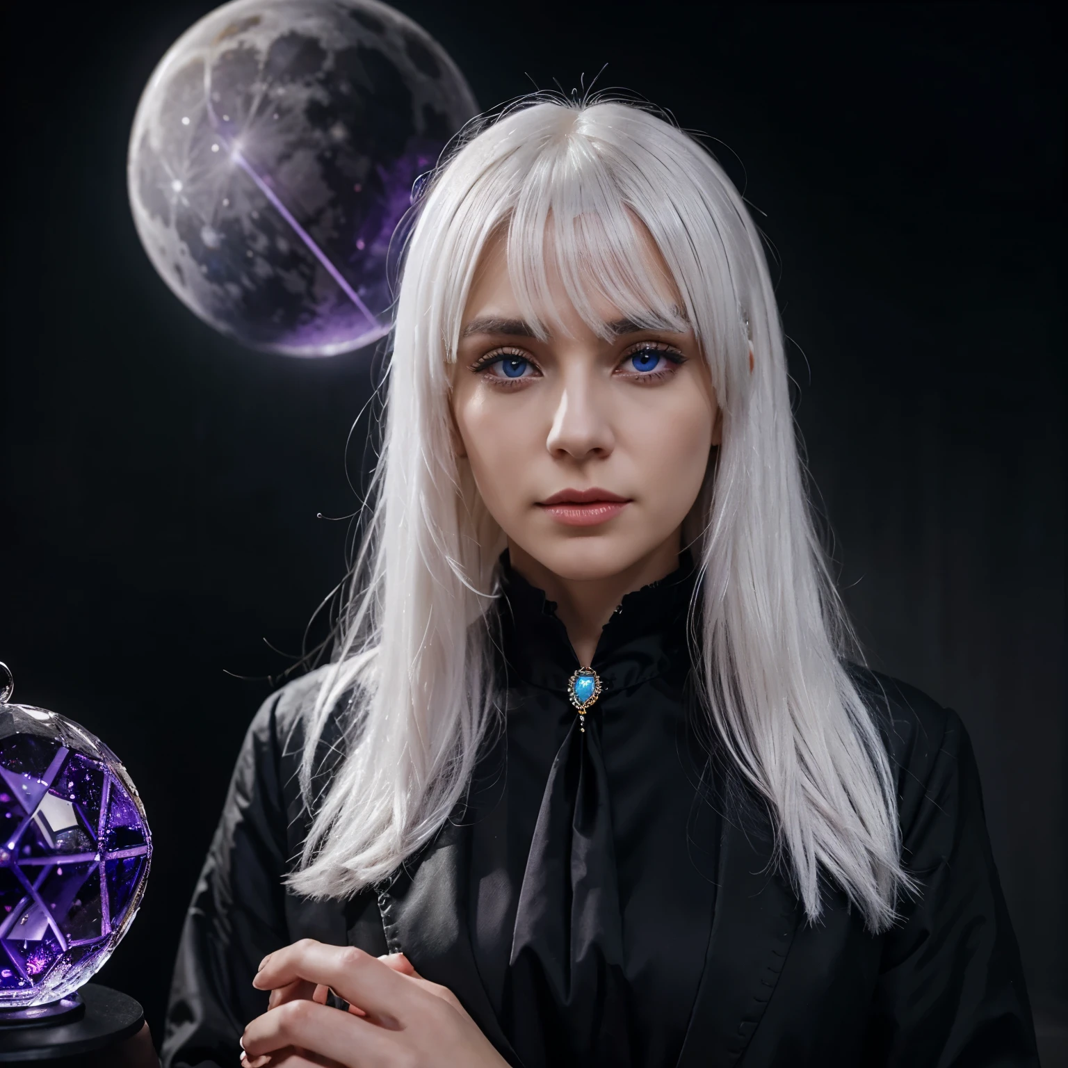 White hair and Black suit and yellow moon at the back onhand the violet crystal ball and blue crystal eye