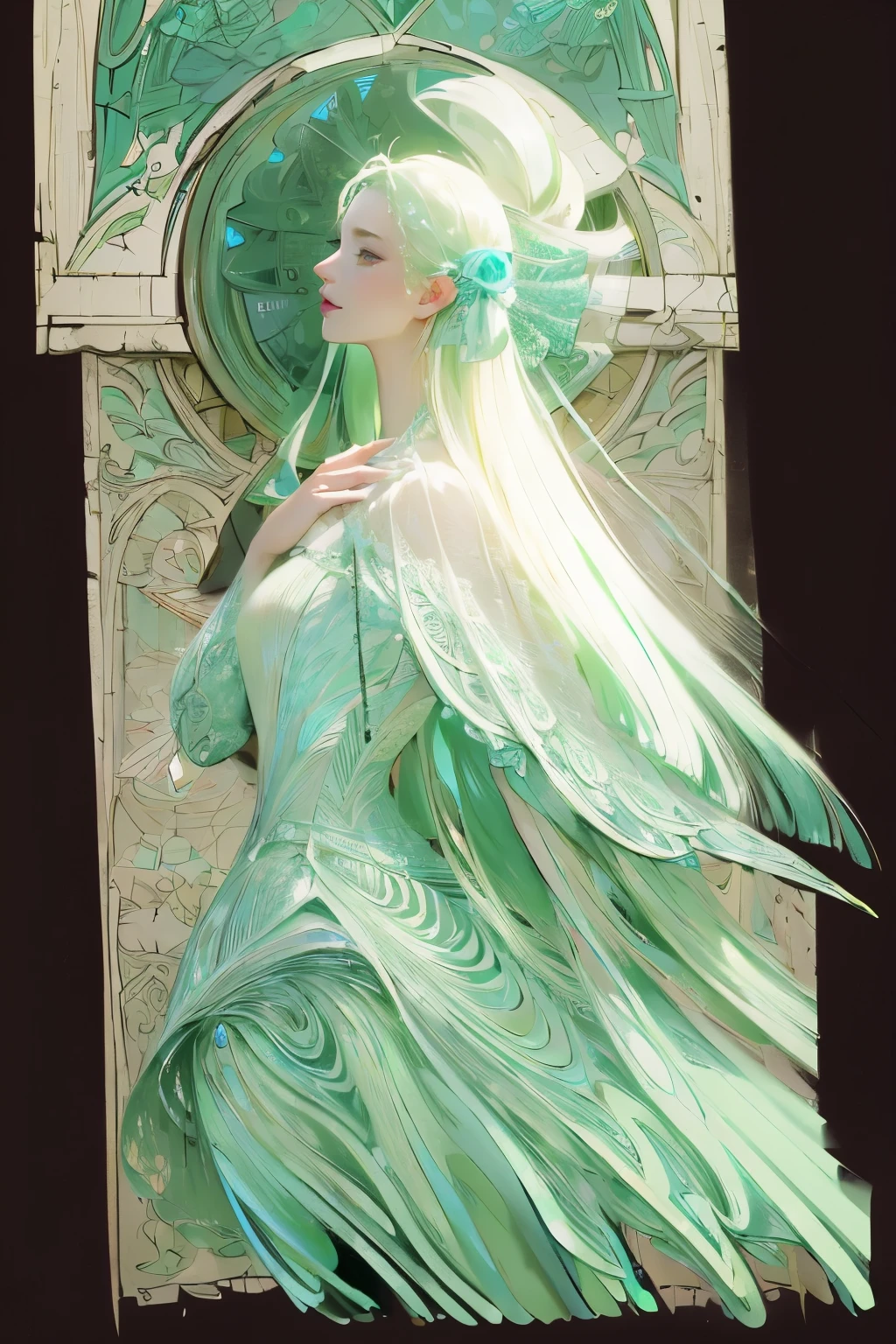 ((High quality work)), Clean and simple lines, The green dress and beautiful ruffled lace complement each other, Enriches the layering of the entire picture, Elegant Edwardian lace dresses and princess dresses add a lot of color to the characters, Gesture with hands behind back , It also shows the gentle and elegant side of women.